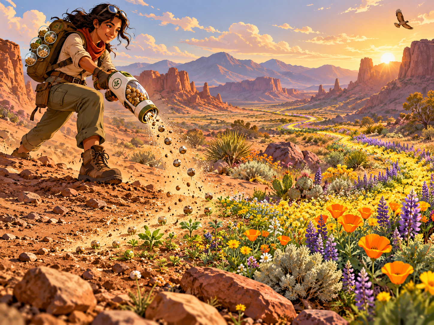 Illustration of a Floramancer casting biodiversity pellets to restore the desert wildflower landscape