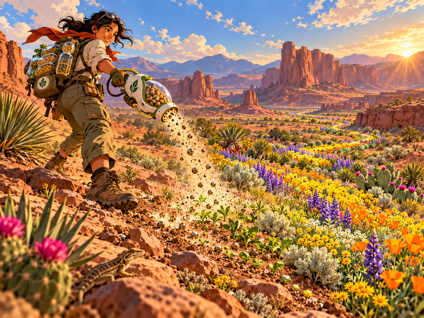Illustration of a Floramancer using a BLOOM CASTER to scatter biodiversity pellets and restore a desert wildflower meadow