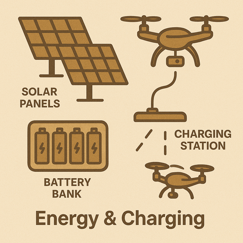 Three drones perched on a solar-powered charging rail