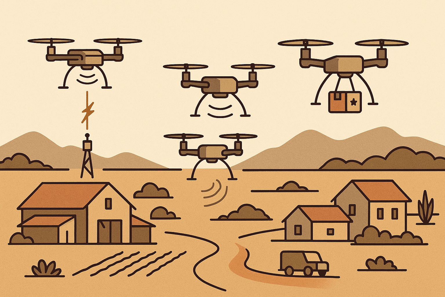 Stylized illustration of a small fleet of community drones at work