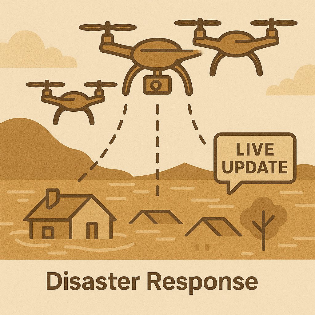 Drone lowering a first-aid kit toward people in a flooded neighborhood