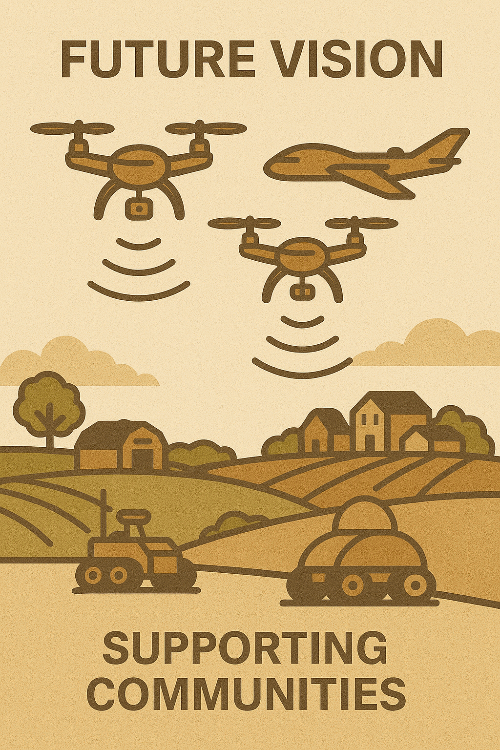 Illustration of a future skyline dotted with helper drones and connected outposts