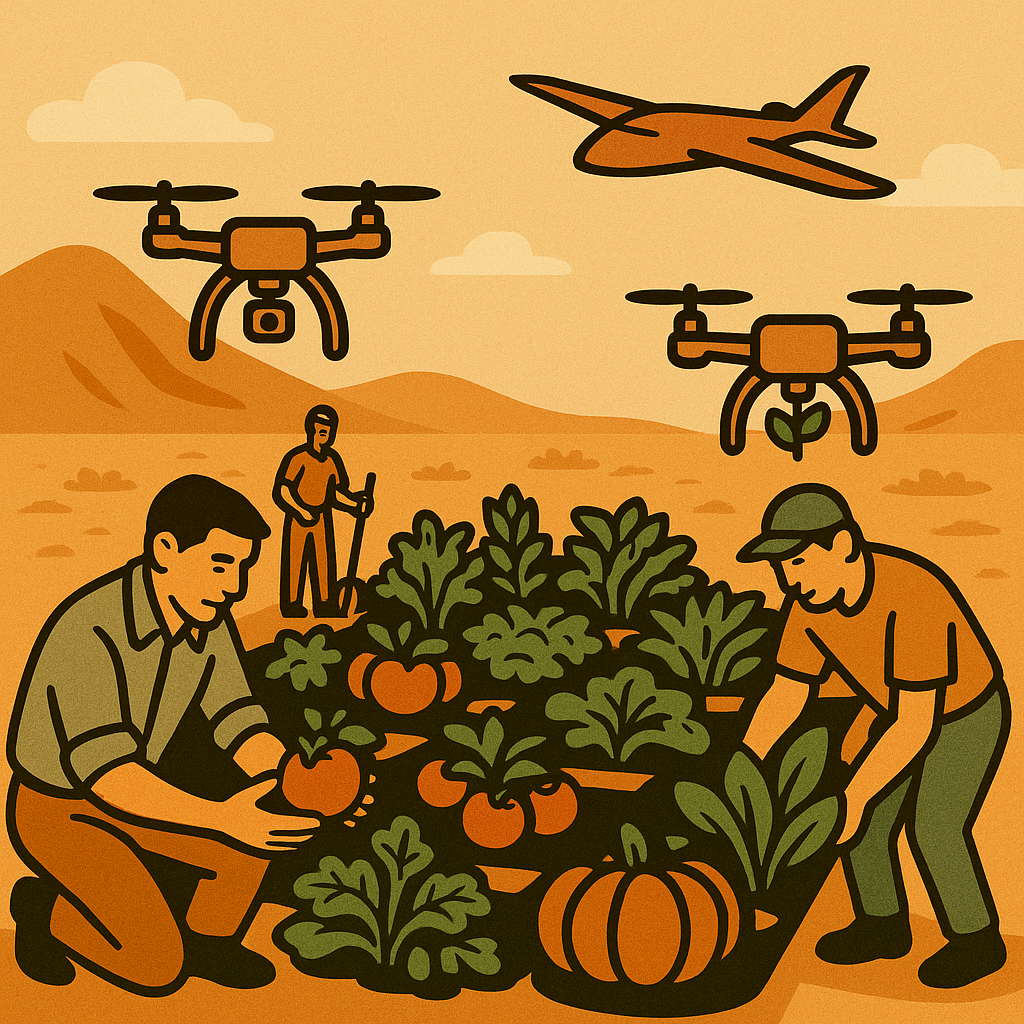 A quadcopter drone flying over a community garden