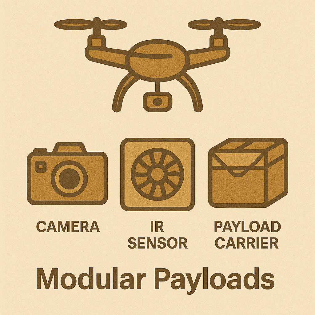 Quadcopter frame with interchangeable camera, speaker, and cargo modules laid out